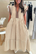 Load image into Gallery viewer, Brown Stripe Double Ruffled Short Sleeve Contrast Trim V Neck Midi Dress
