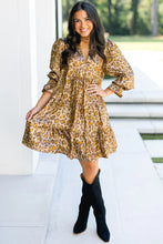 Load image into Gallery viewer, Khaki Leopard Print V Neck Ruffled Sleeve Tiered Loose Mini Dress
