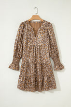 Load image into Gallery viewer, Khaki Leopard Print V Neck Ruffled Sleeve Tiered Loose Mini Dress
