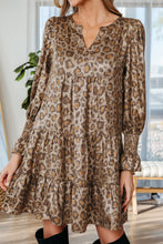Load image into Gallery viewer, Khaki Leopard Print V Neck Ruffled Sleeve Tiered Loose Mini Dress
