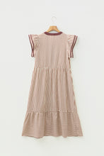 Load image into Gallery viewer, Brown Stripe Double Ruffled Short Sleeve Contrast Trim V Neck Midi Dress
