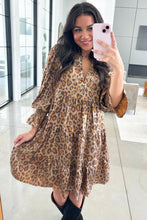 Load image into Gallery viewer, Khaki Leopard Print V Neck Ruffled Sleeve Tiered Loose Mini Dress
