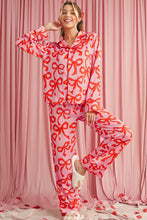Load image into Gallery viewer, Pink Allover Bow Print Button Up and Loose Pants Pajama Set
