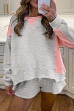 Load image into Gallery viewer, Light Grey Colorblock Raw Hem Pullover and Shorts Set
