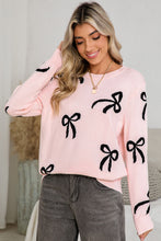 Load image into Gallery viewer, Light Pink Bow Print Long Sleeve Loose Fit Sweater

