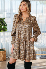 Load image into Gallery viewer, Khaki Leopard Print V Neck Ruffled Sleeve Tiered Loose Mini Dress
